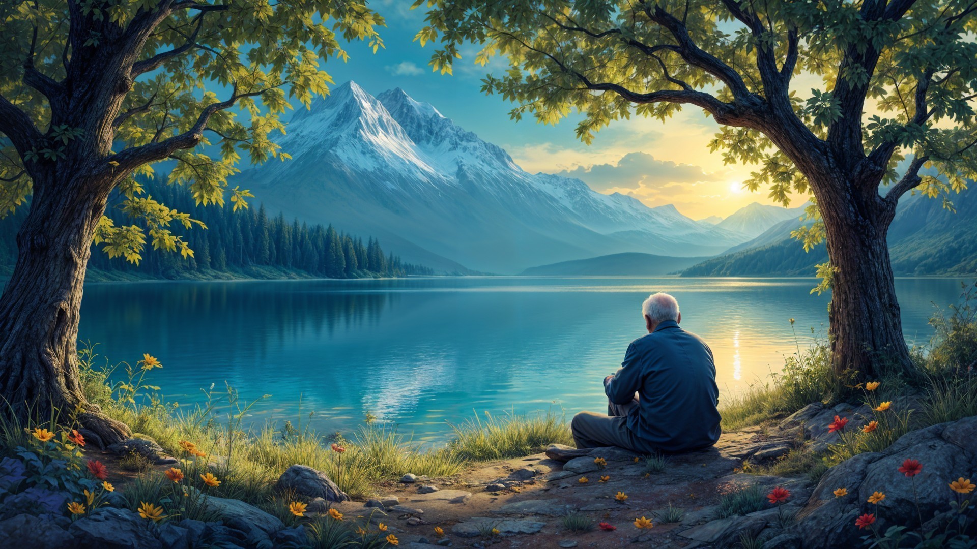 Serene Lake Landscape with Mountains and Sunset Reflection