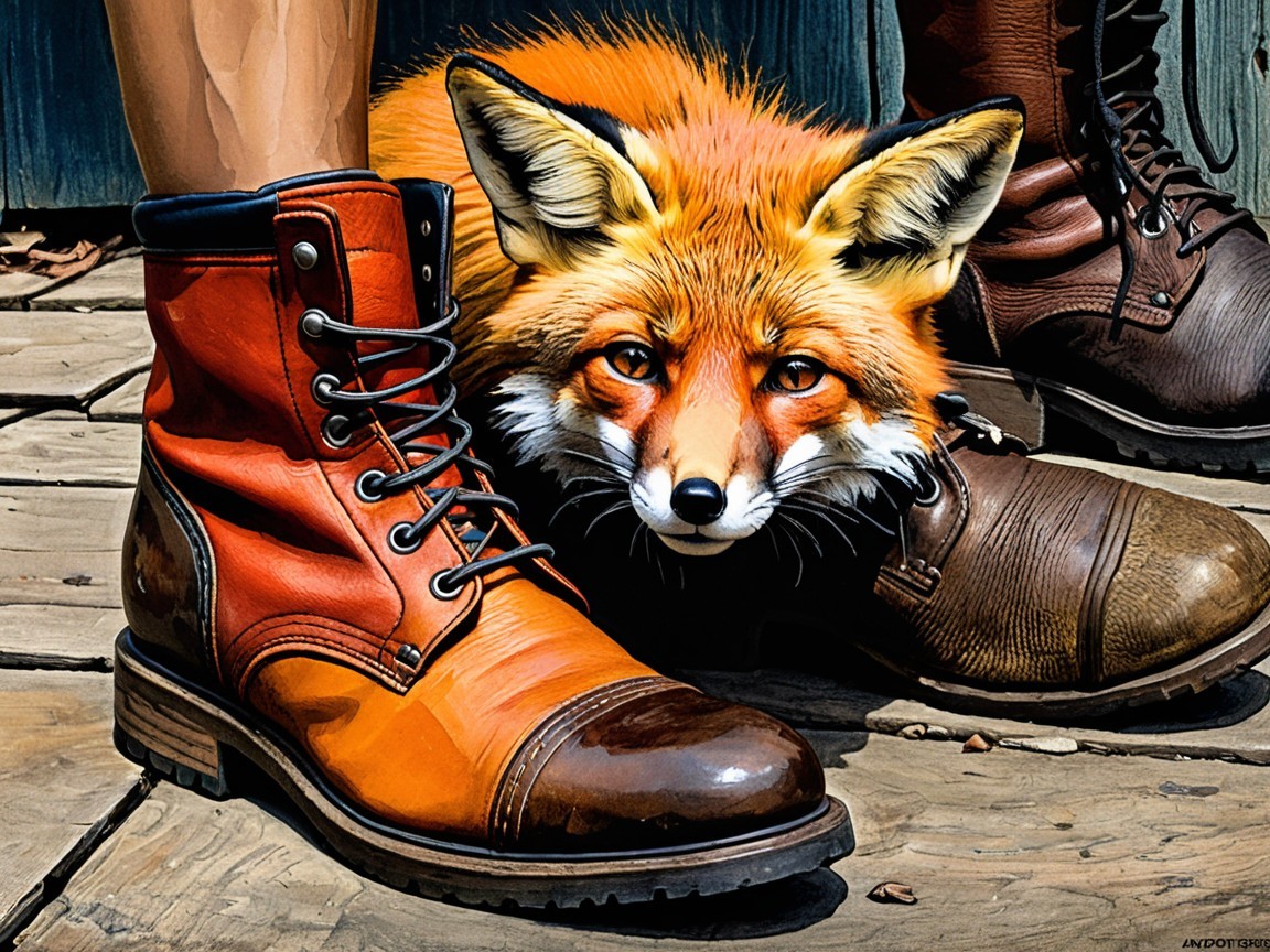 Red Fox and Boots on Wooden Surface Scene Description