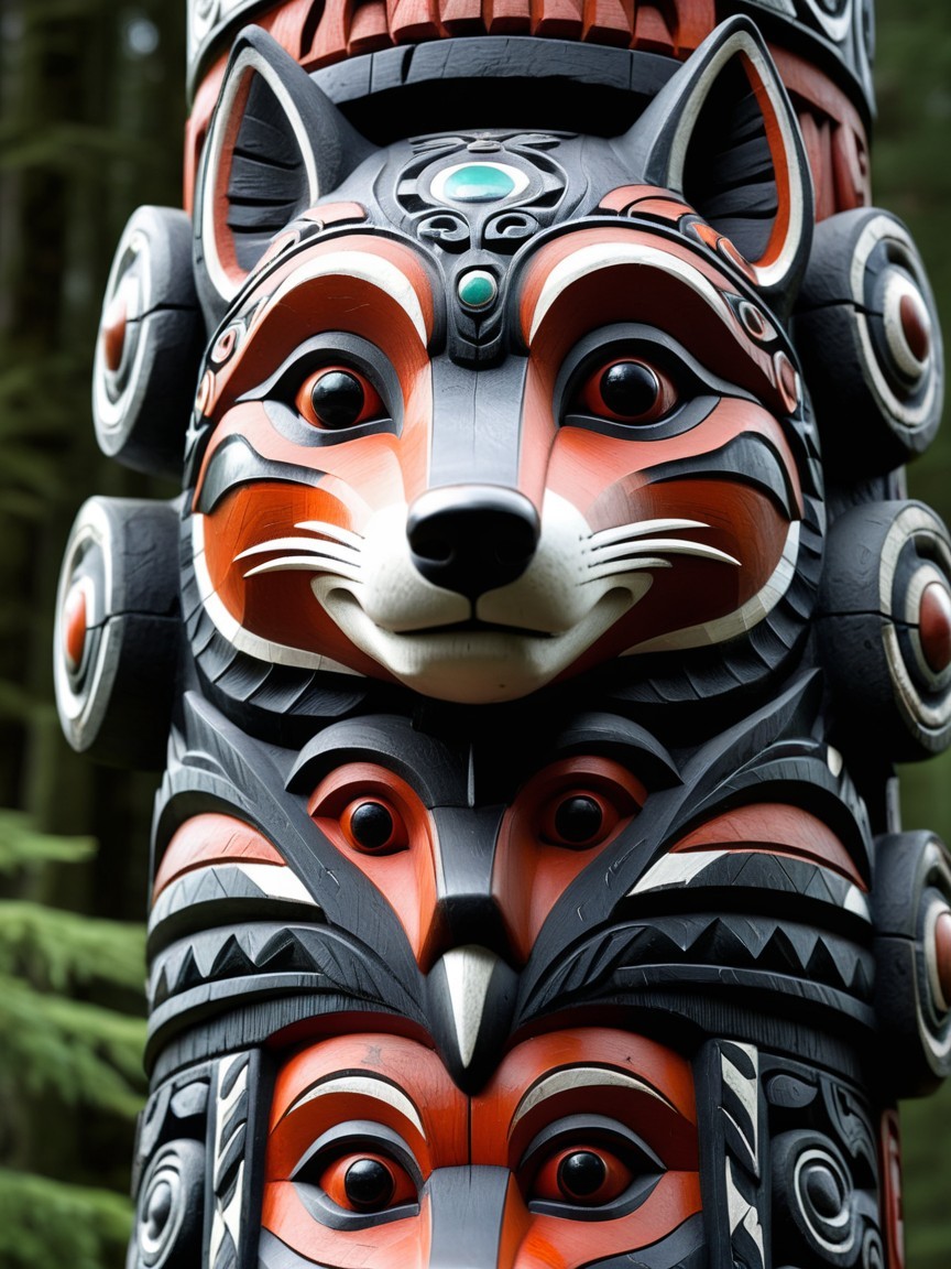 Colorful Totem Pole with Intricate Carvings and Figures
