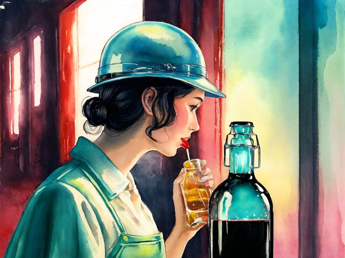 Young Woman in Helmet Sipping Orange Drink in Soft Light