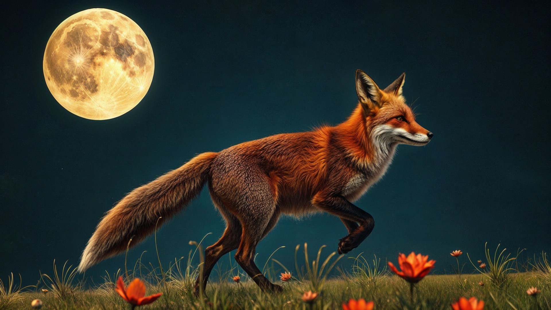 Red Fox in Field of Orange Flowers Under Full Moon