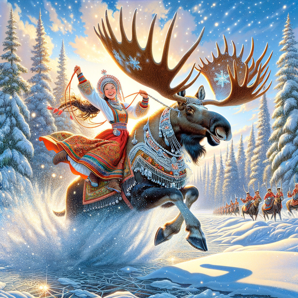 Woman in Traditional Attire Riding Moose in Snowy Landscape