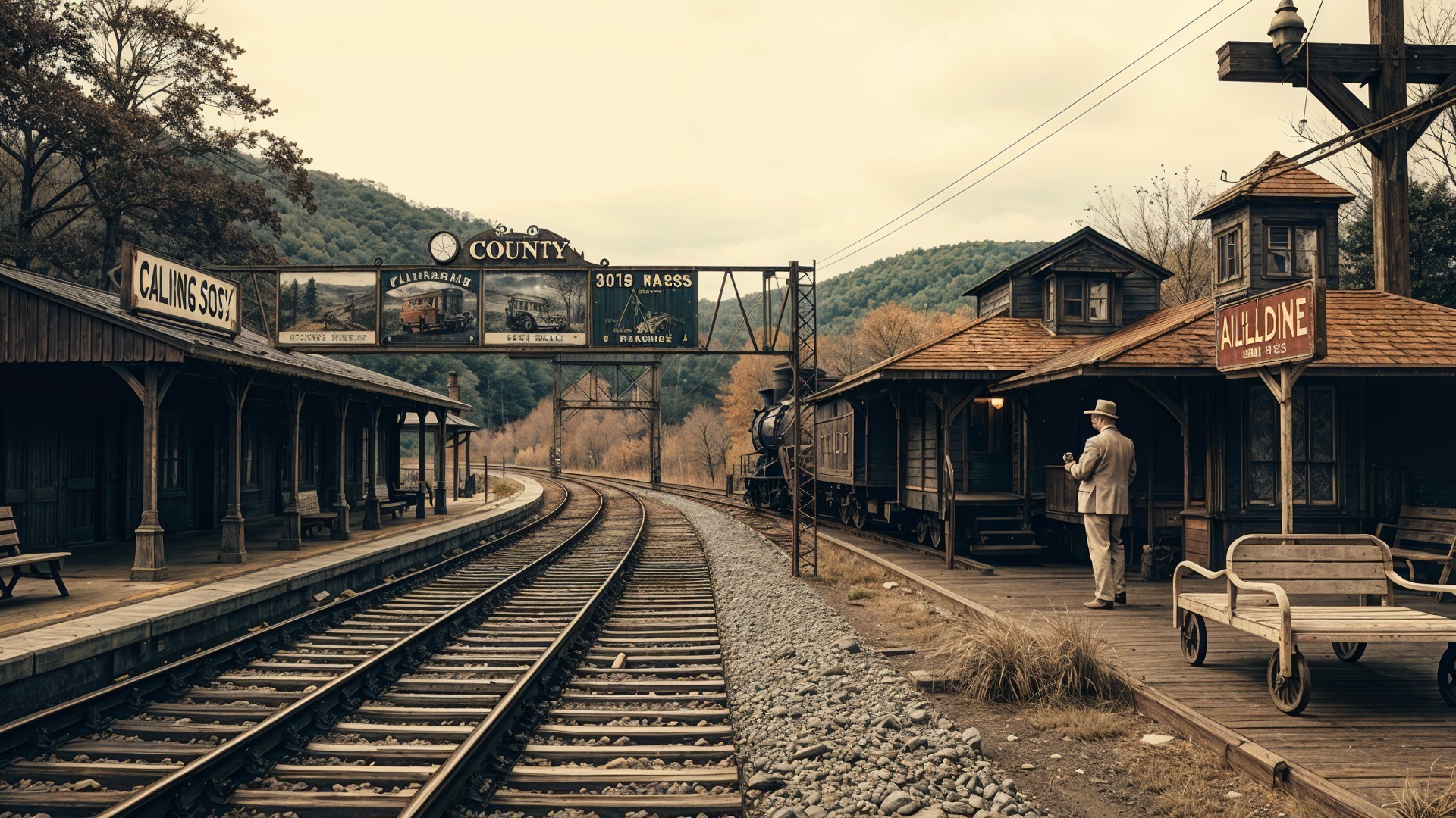 Vintage Train Station with Historical Features and Landscape