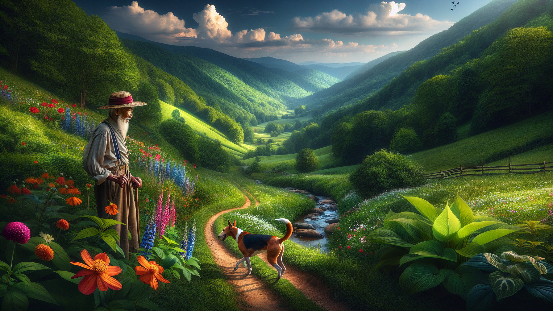 Serene Landscape with Hills, Wildflowers, and Stream