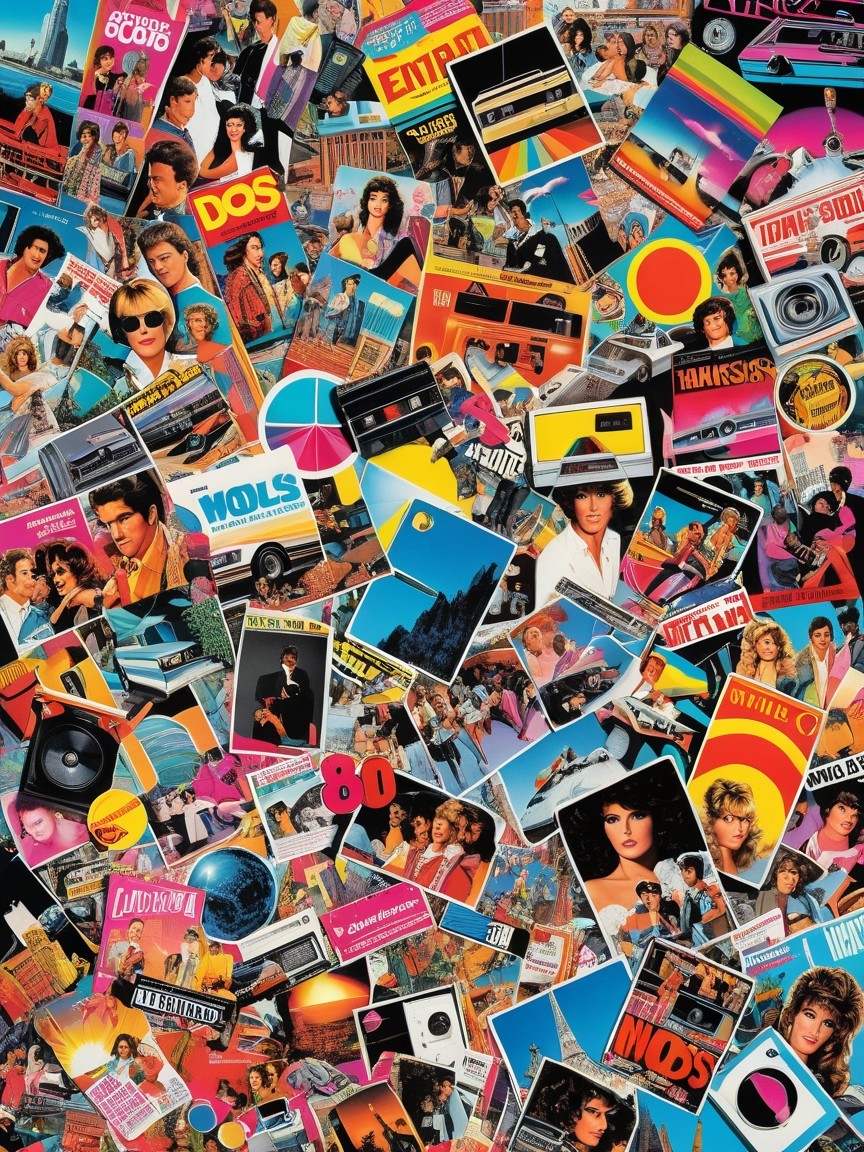 Vibrant 1980s Collage with Nostalgic Pop Culture Elements