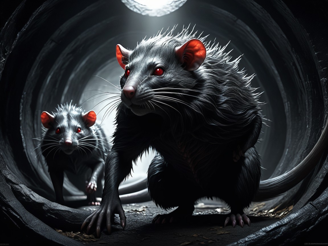 Eerie Anthropomorphic Rats in a Dimly Lit Tunnel