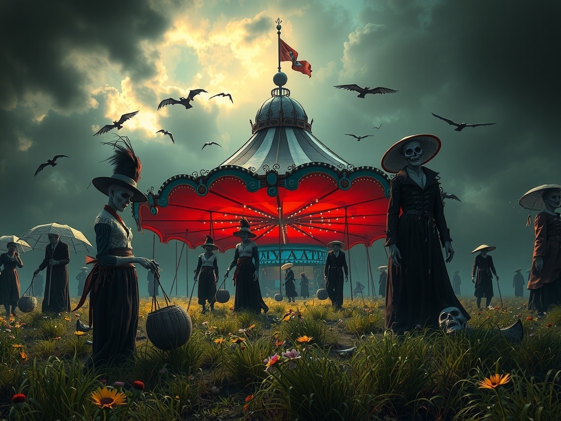 Sinister Carnival Scene with Skeletal Figures and Carousel