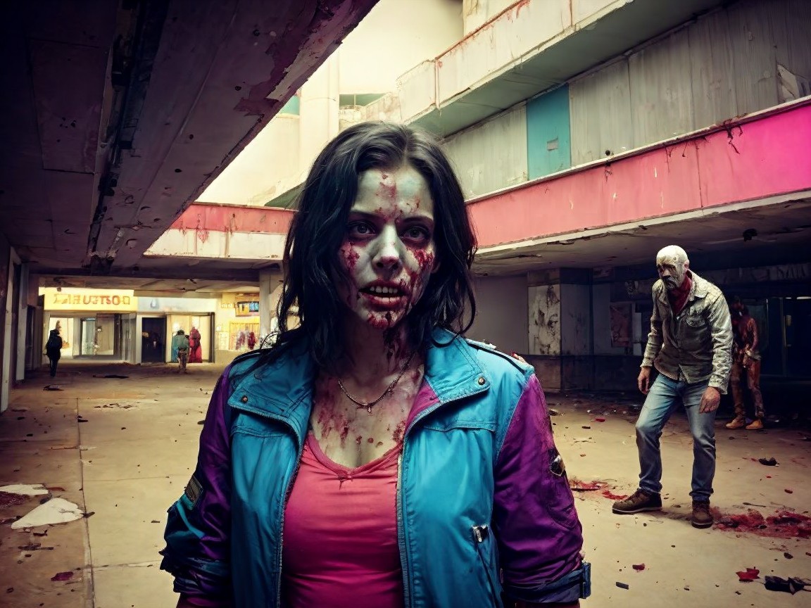 Abandoned Building Scene with Zombie Character and Shadows