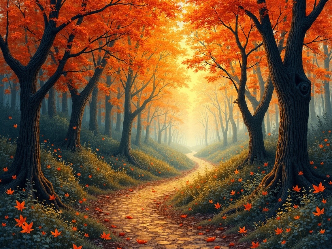 Autumn Forest Path with Vibrant Leaves and Sunlight