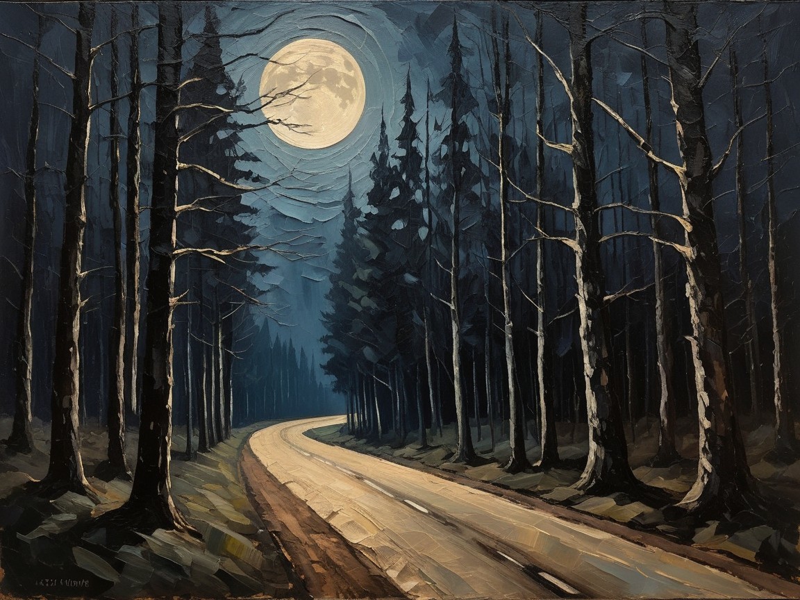 Winding Road Through Eerie Forest Under Full Moon