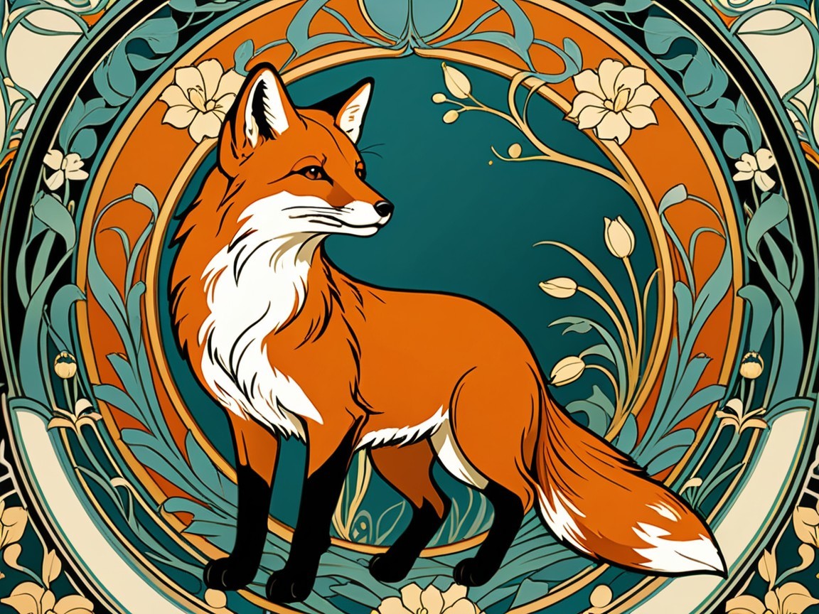 Stylized Fox Illustration with Floral Art Nouveau Design