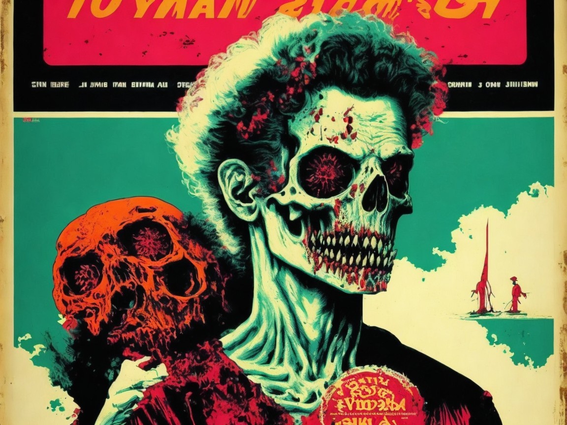 Retro Poster Featuring Skeletal Figure and Vibrant Colors