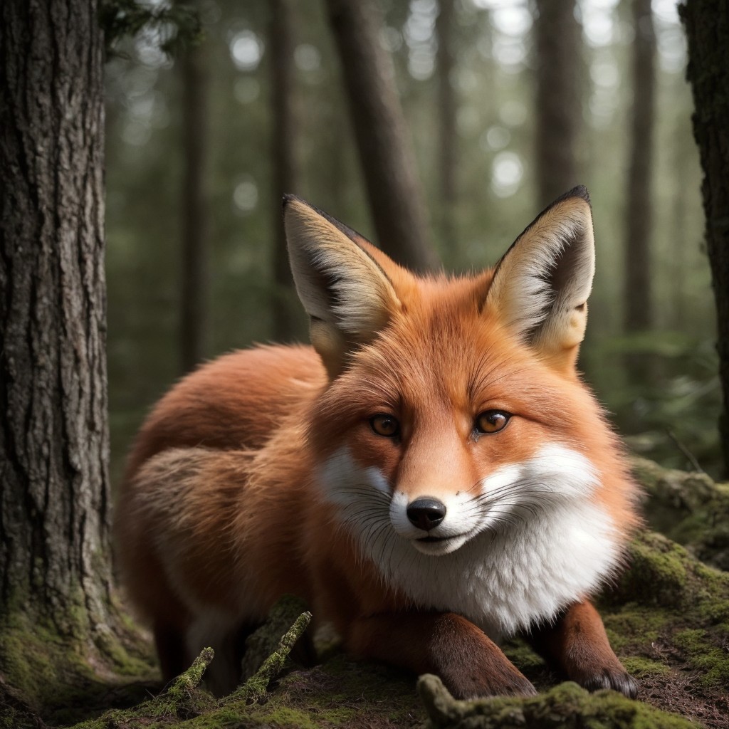 Red fox resting in lush green moss in a forest