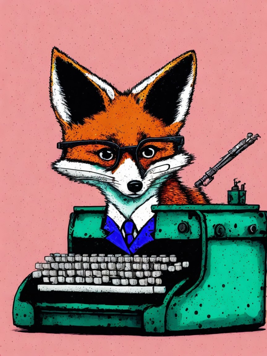 Clever fox in glasses at vintage typewriter illustration