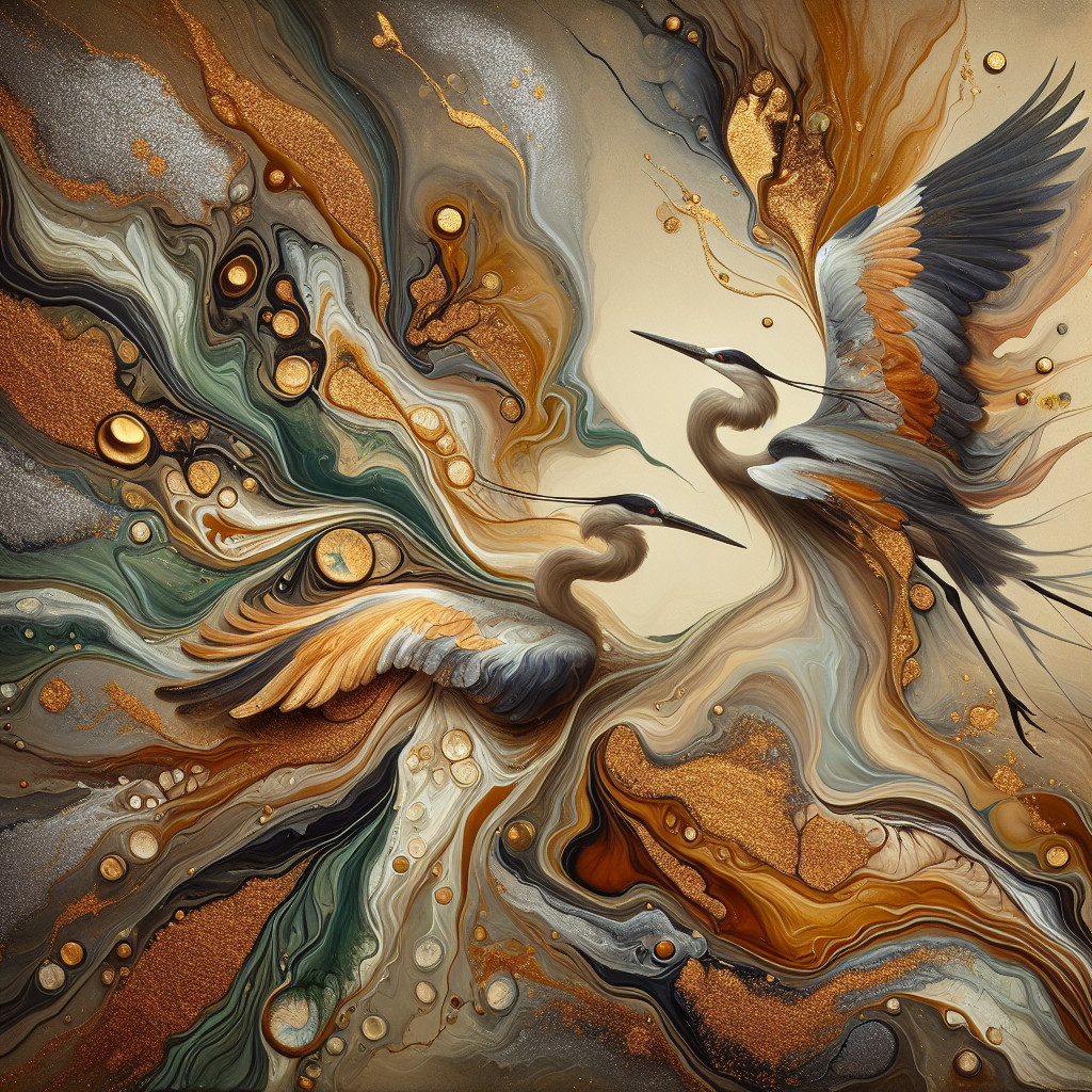 Elegant herons in vibrant abstract nature scene