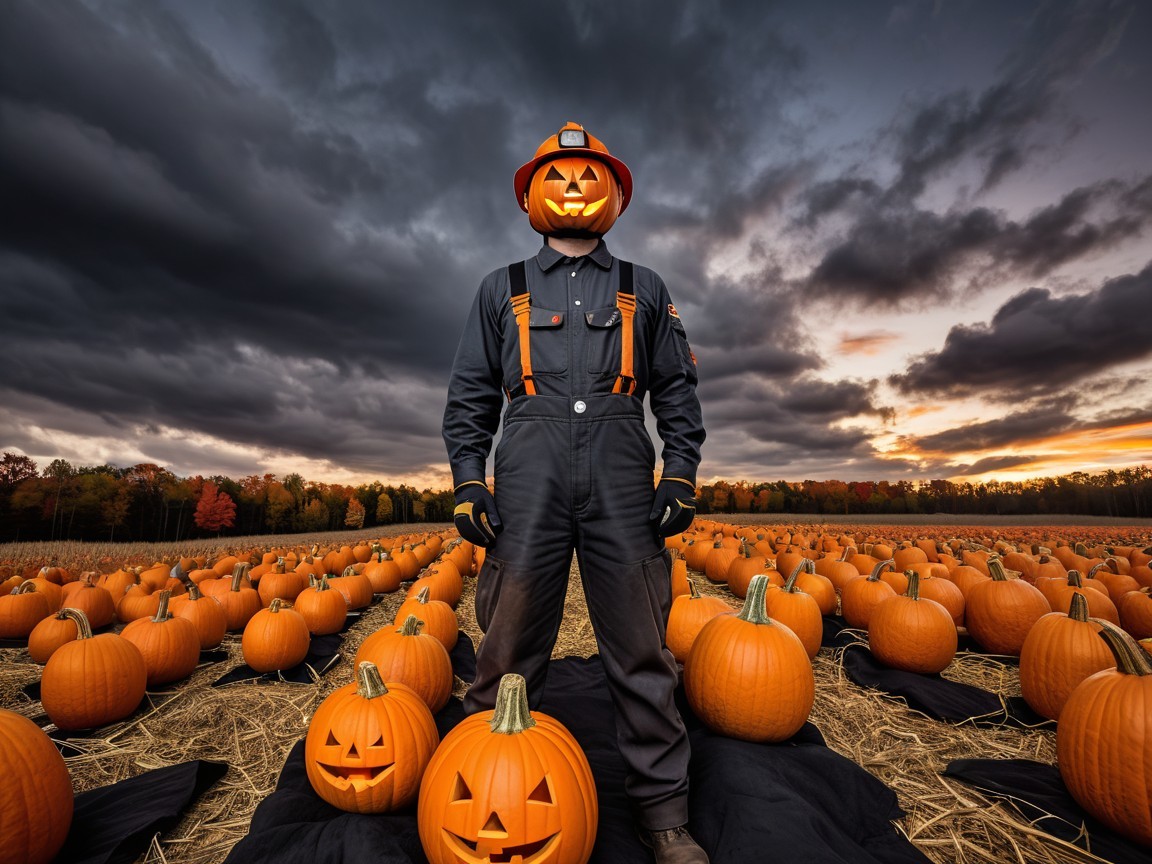 Scarecrow with Jack-o'-Lantern in Pumpkin Field