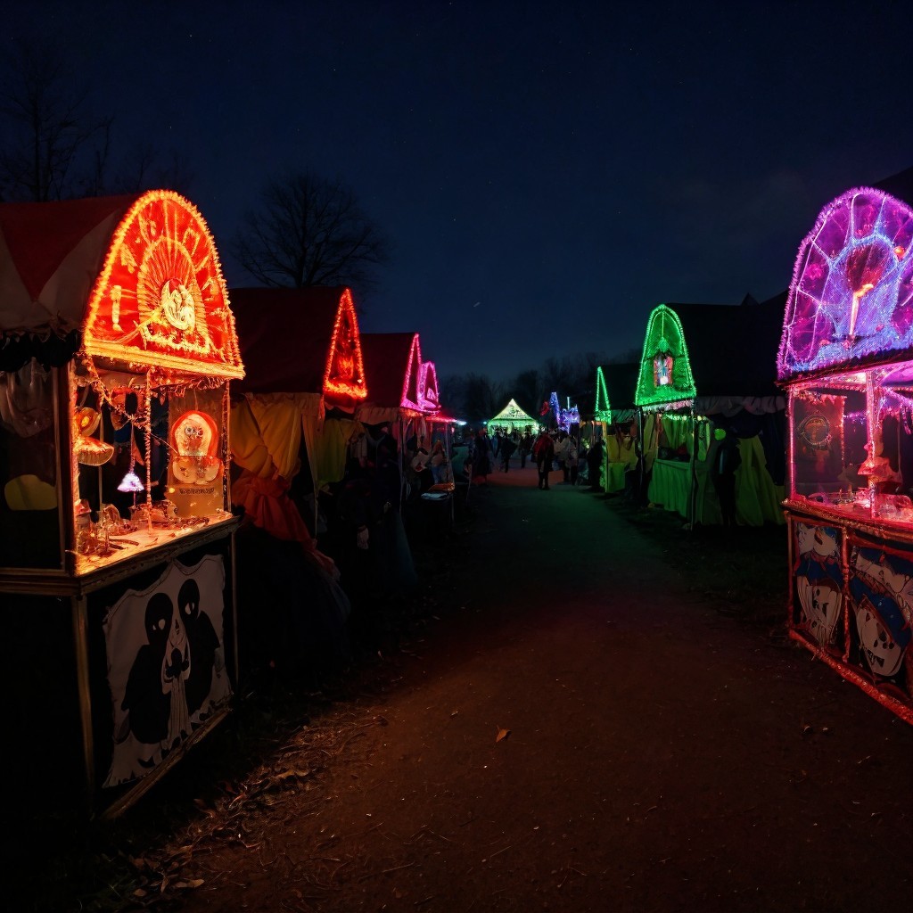 Vibrant Night Market with Colorful Neon Lights