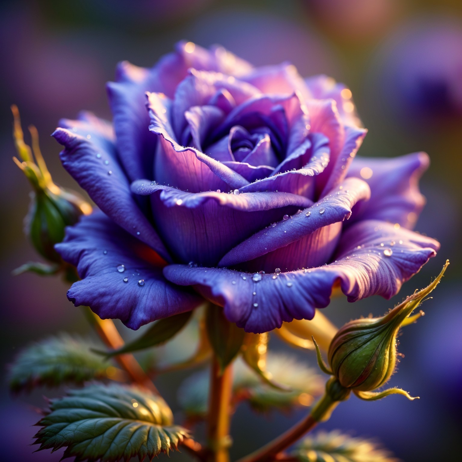 Majestic Purple Rose with Dew Drops and Budding Bloom