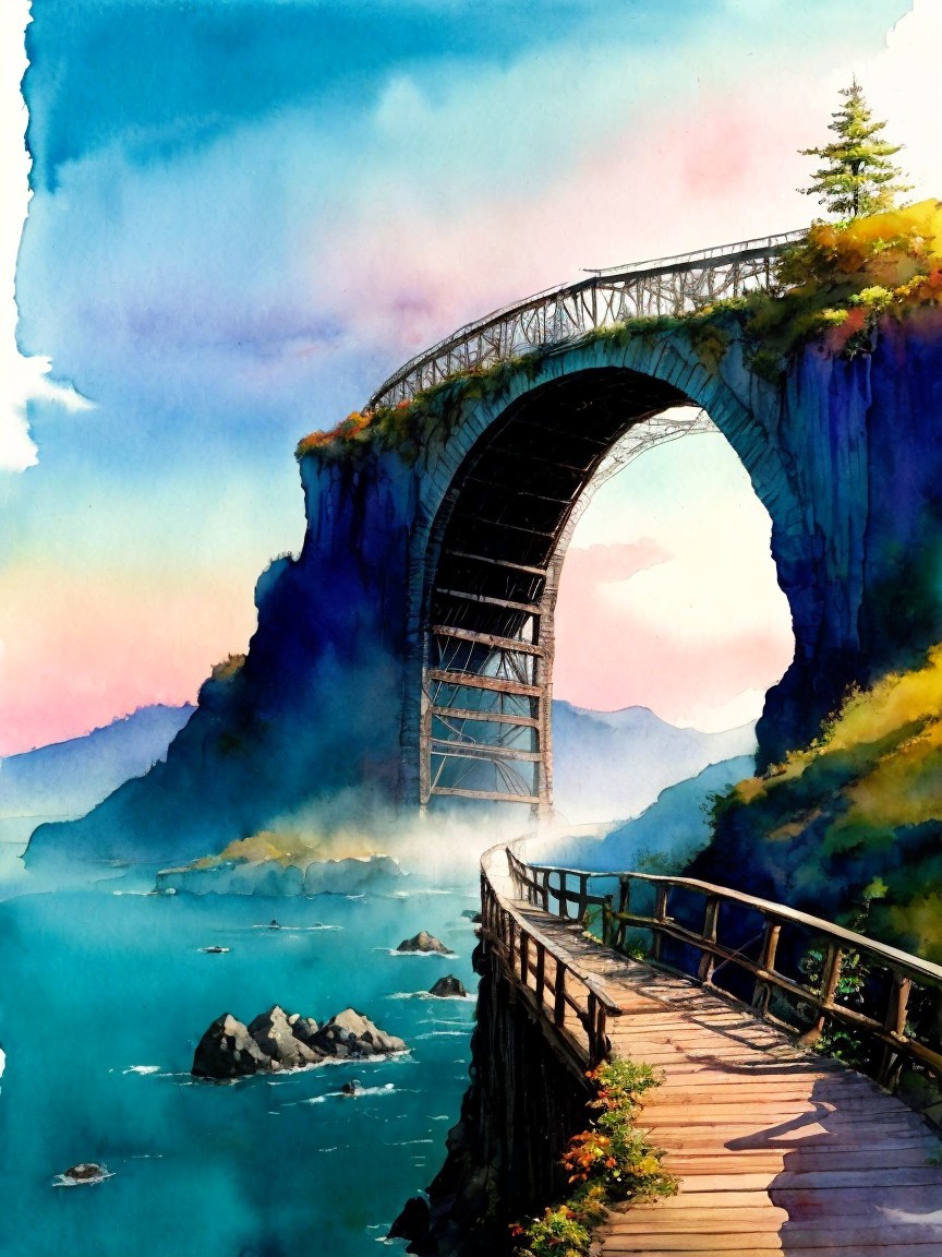 Watercolor Landscape of a Bridge and Serene Waters