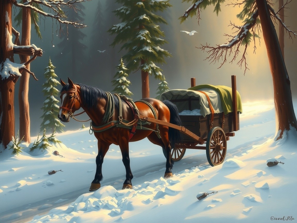 Winter Landscape with Horse and Wooden Wagon