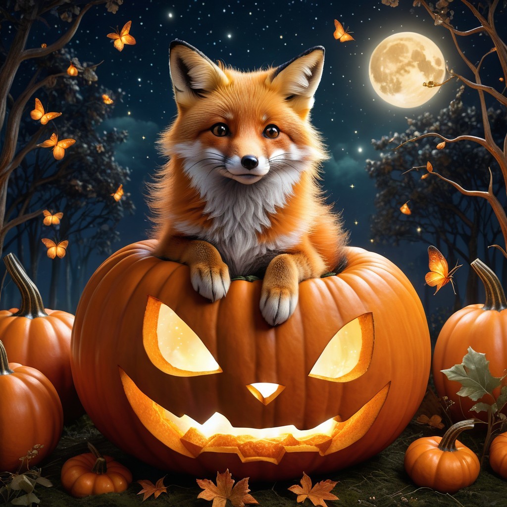 Fox Peeking from Pumpkin in Moonlit Autumn Scene