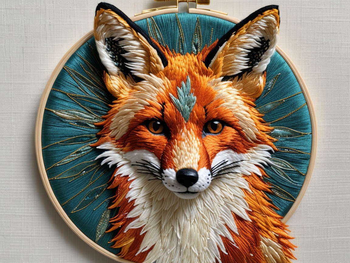 Vibrant Embroidery of a Stylized Fox Head Design