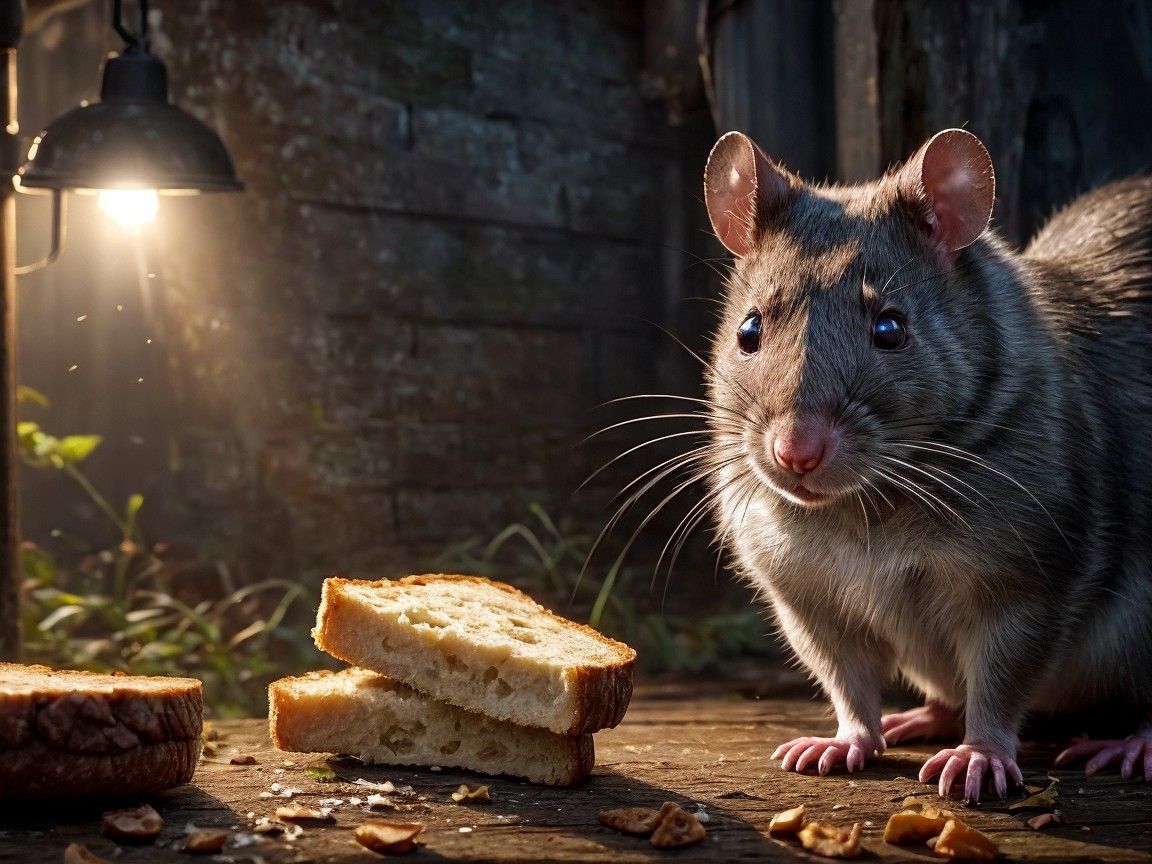 Curious Rat Explores Food in Dimly Lit Setting