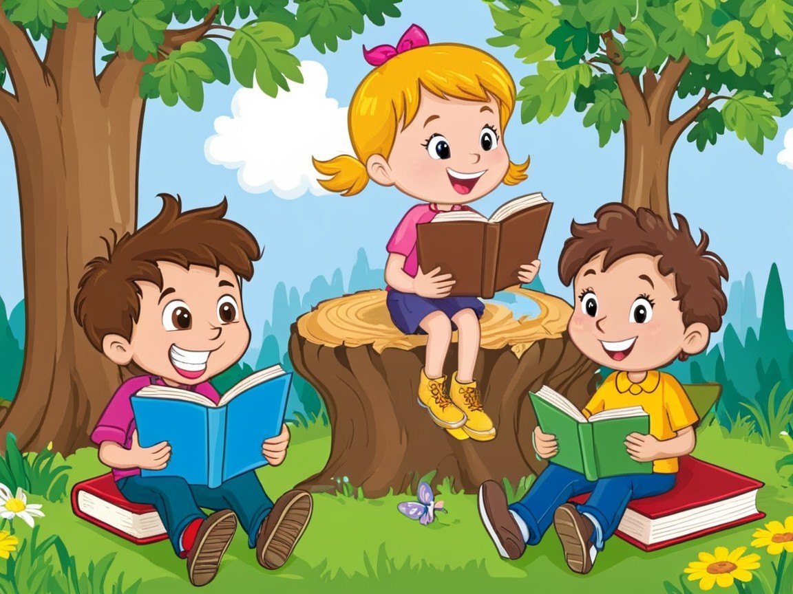 Children Reading on a Tree Stump in a Sunny Park