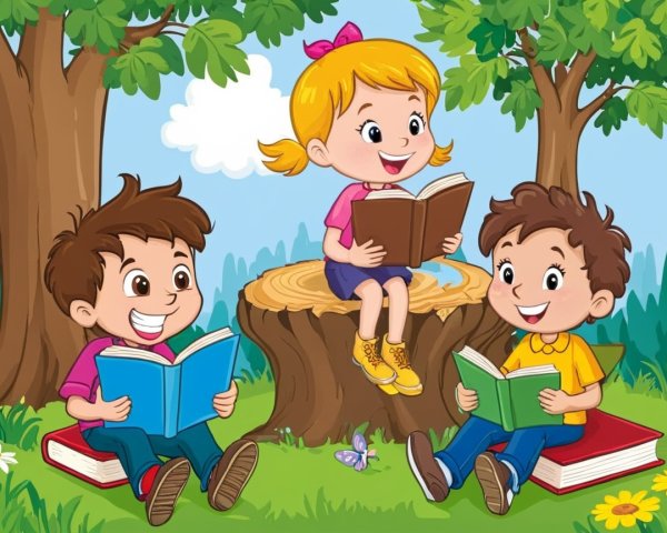 Children Reading on a Tree Stump in a Sunny Park