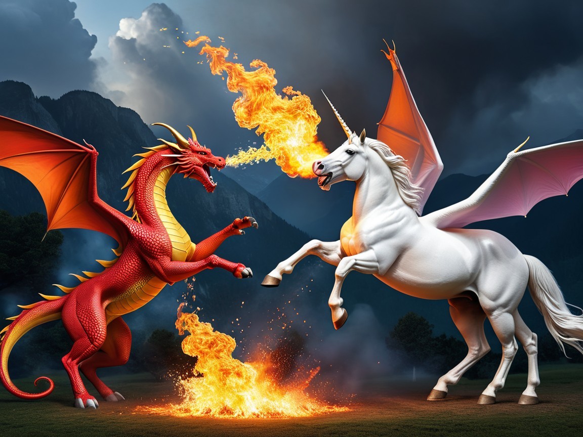 Red Dragon Confronts White Unicorn in Fantasy Landscape