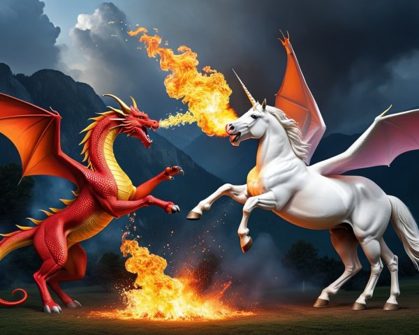 Red Dragon Confronts White Unicorn in Fantasy Landscape