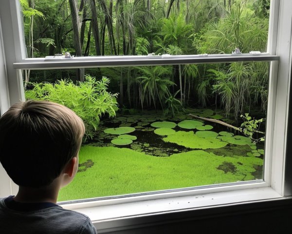 Young Boy Observing Lush Greenery by Tranquil Pond