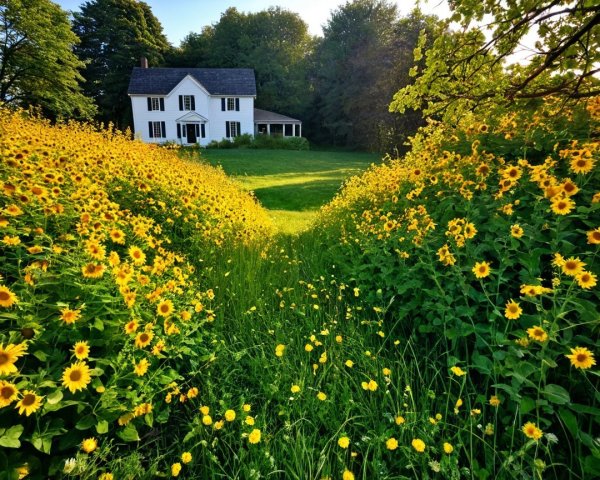 Charming White House Surrounded by Sunflowers and Trees