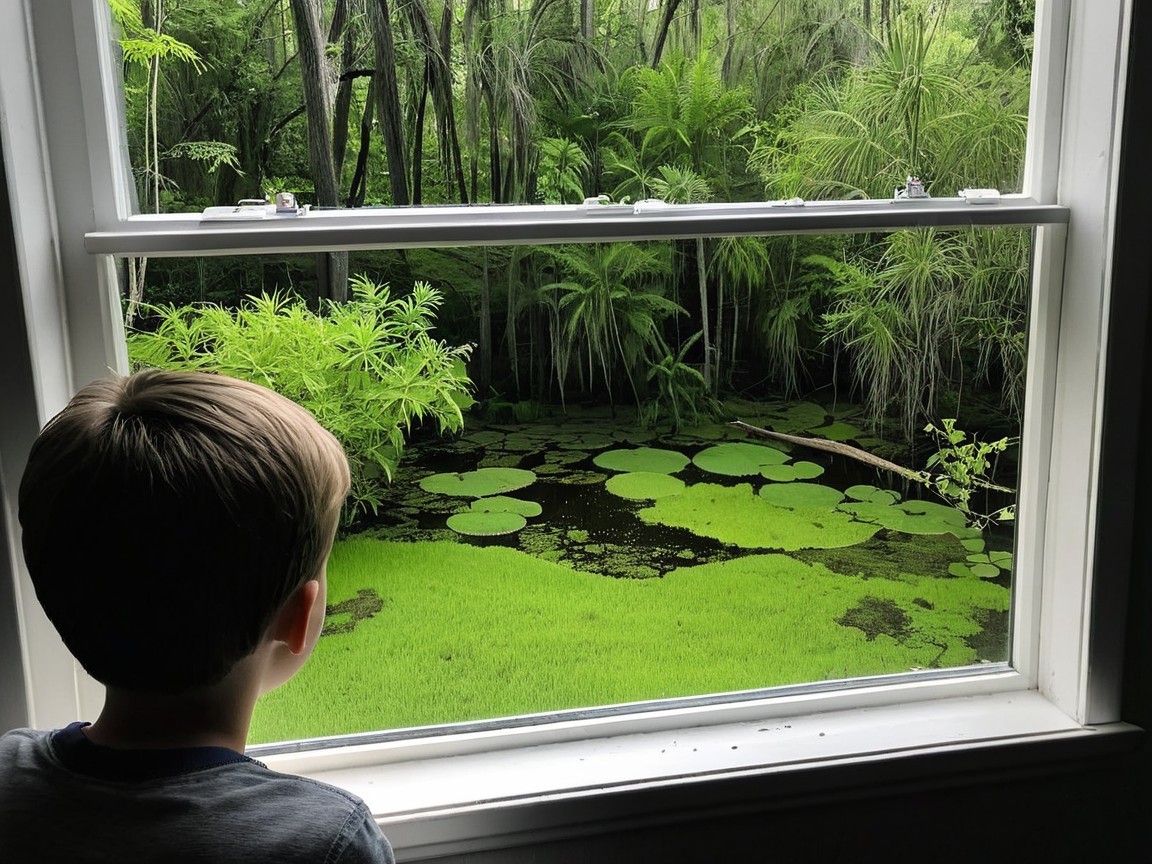 Young Boy Observing Lush Greenery by Tranquil Pond