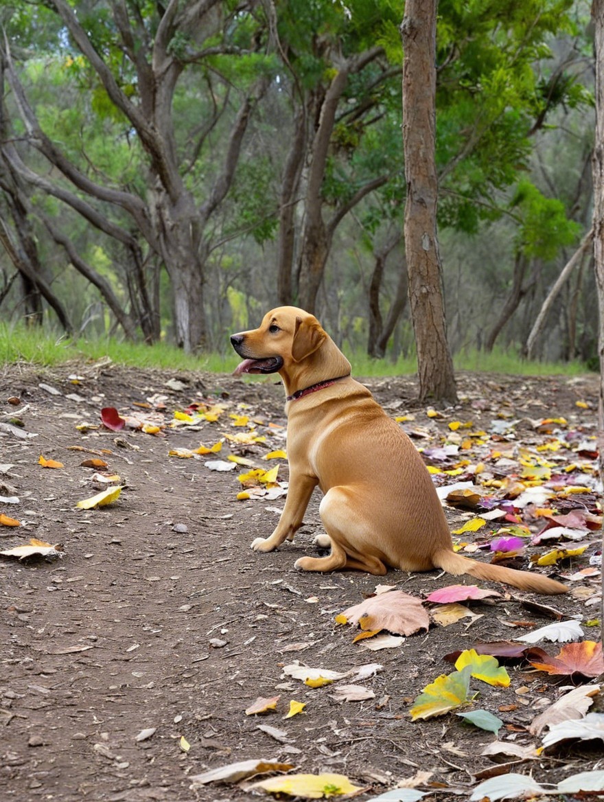 Golden Labrador on a forest path with autumn leaves