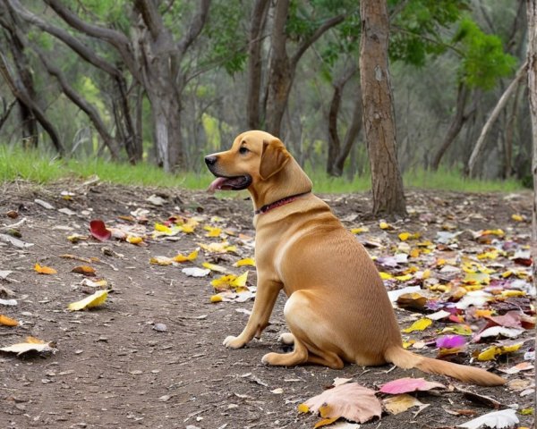 Golden Labrador on a forest path with autumn leaves