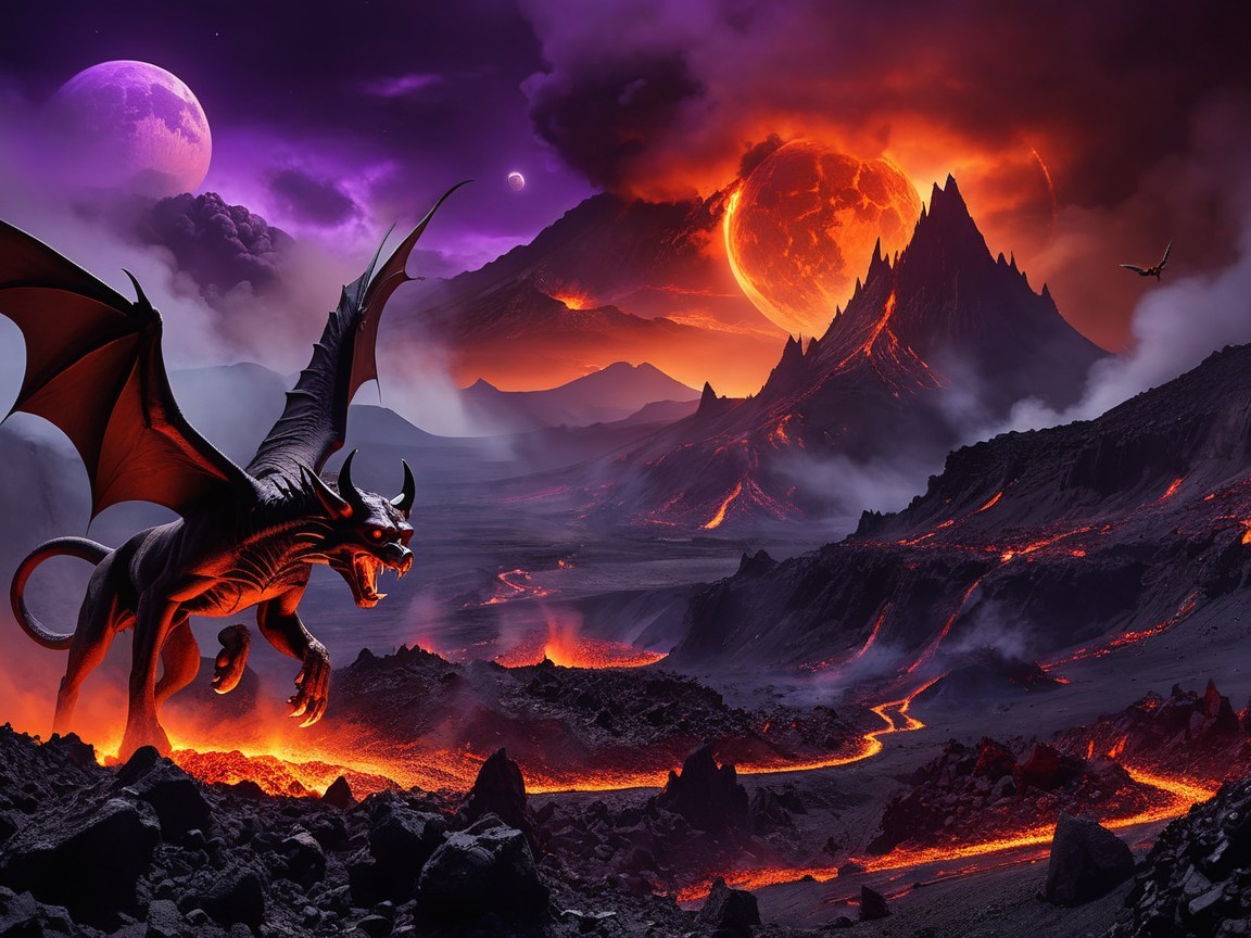 Black Dragon Amidst Volcanic Eruption and Sunset Sky