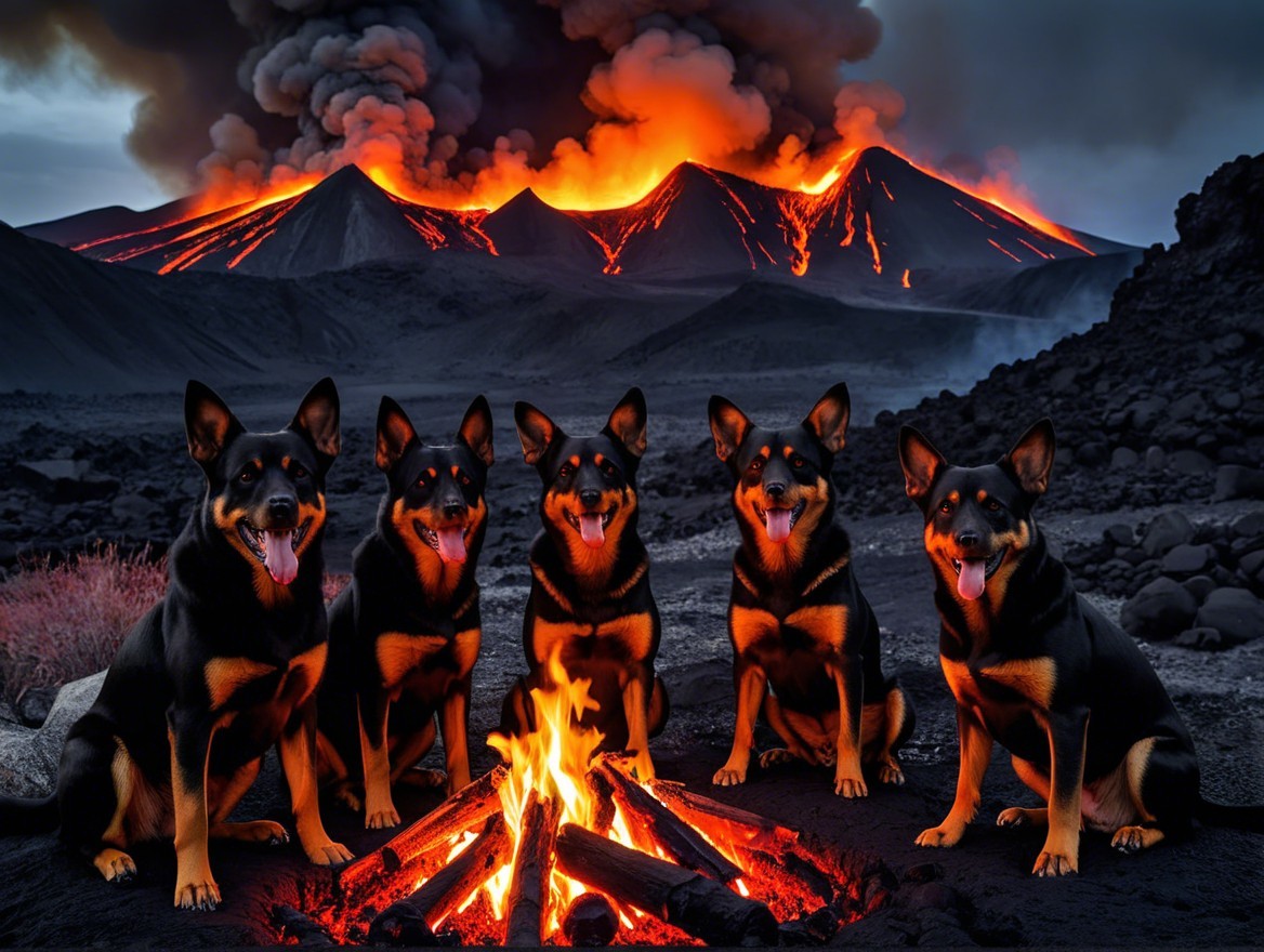 Dogs by Campfire with Volcanic Eruption Background
