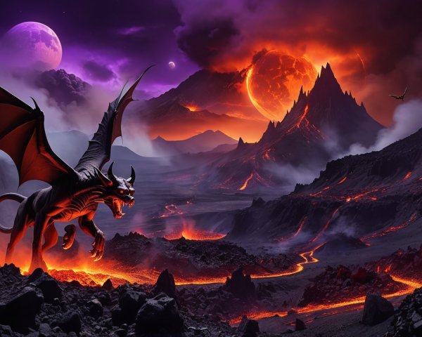 Black Dragon Amidst Volcanic Eruption and Sunset Sky