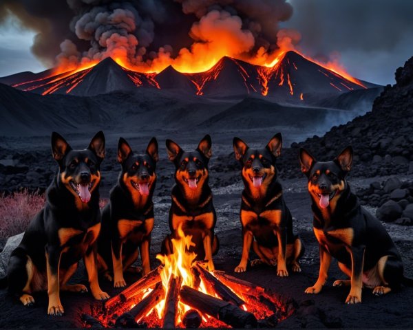 Dogs by Campfire with Volcanic Eruption Background