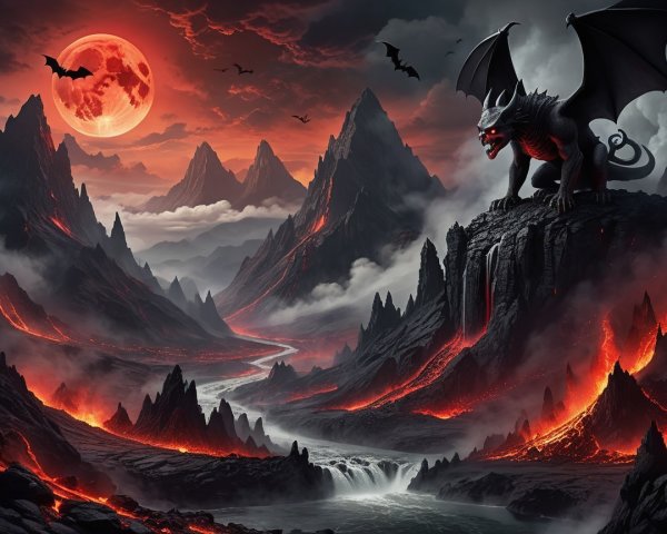 Dramatic Fiery Landscape with Winged Creature and Lava