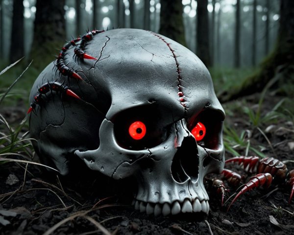 Spooky Skull with Glowing Eyes in Dark Forest