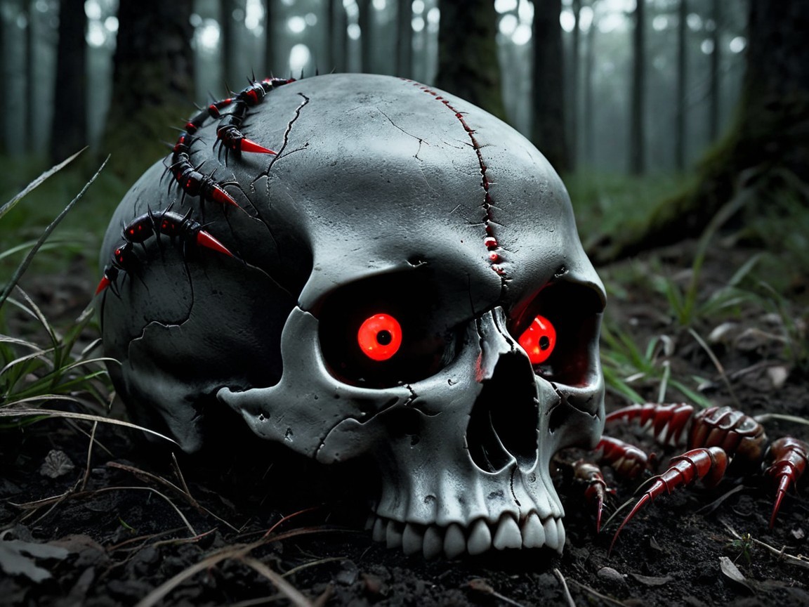 Spooky Skull with Glowing Eyes in Dark Forest