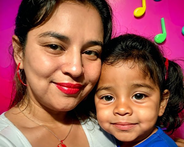 Smiling Woman and Girl in Colorful Musical Setting