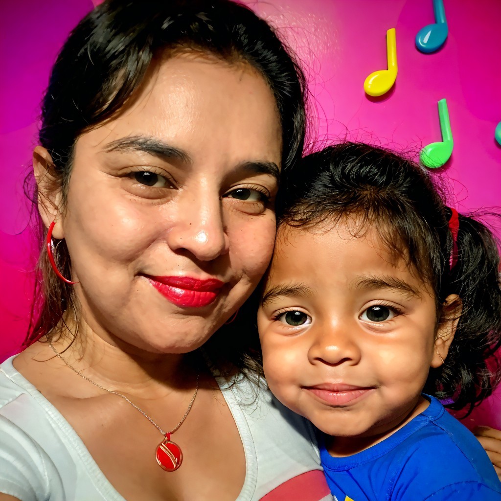 Smiling Woman and Girl in Colorful Musical Setting