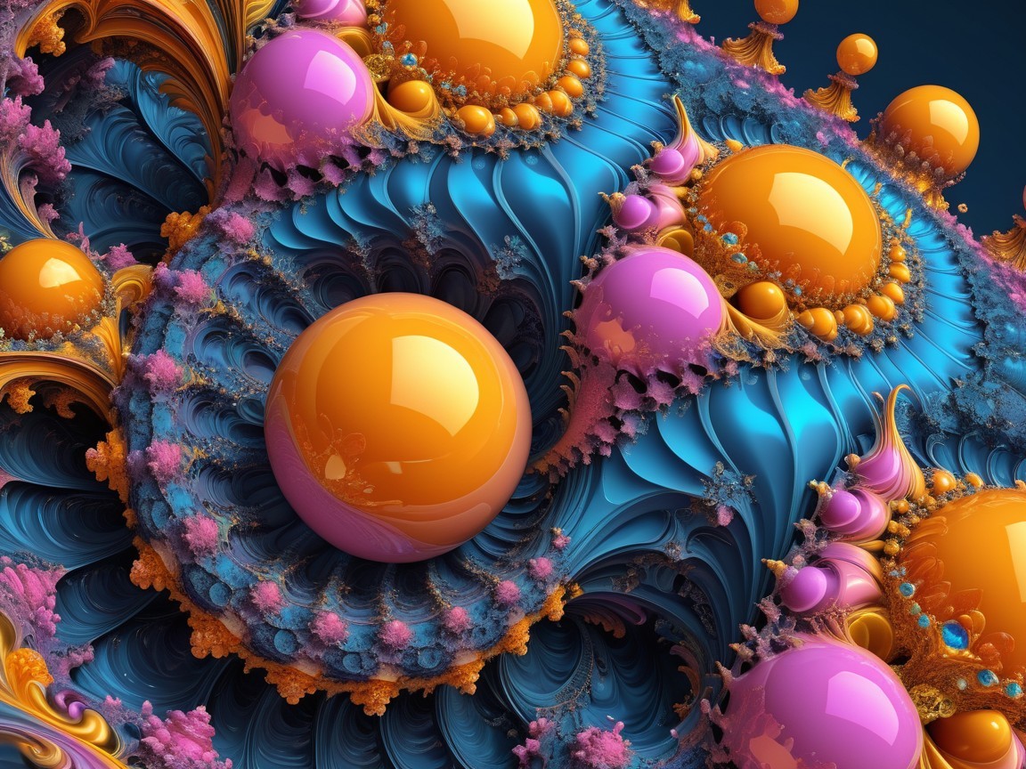 Vibrant Fractal Art with Blue Swirls and Colorful Spheres