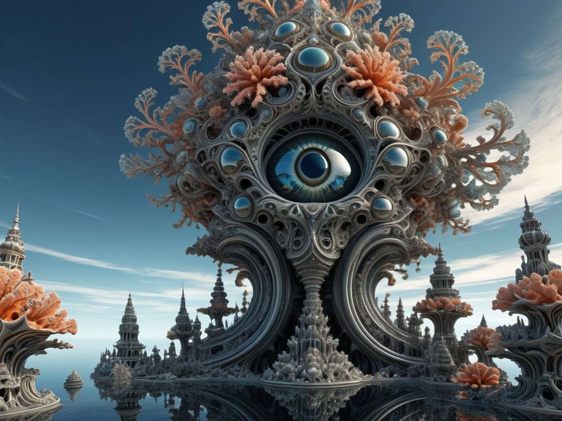 Surreal Landscape with Ornate Tree Structure and Towers