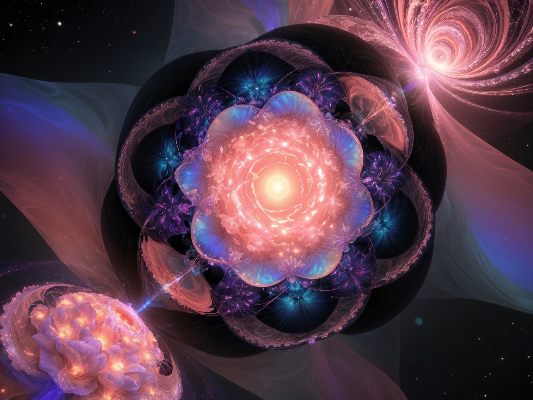 Vibrant Cosmic Scene with Floral Structure and Nebulas