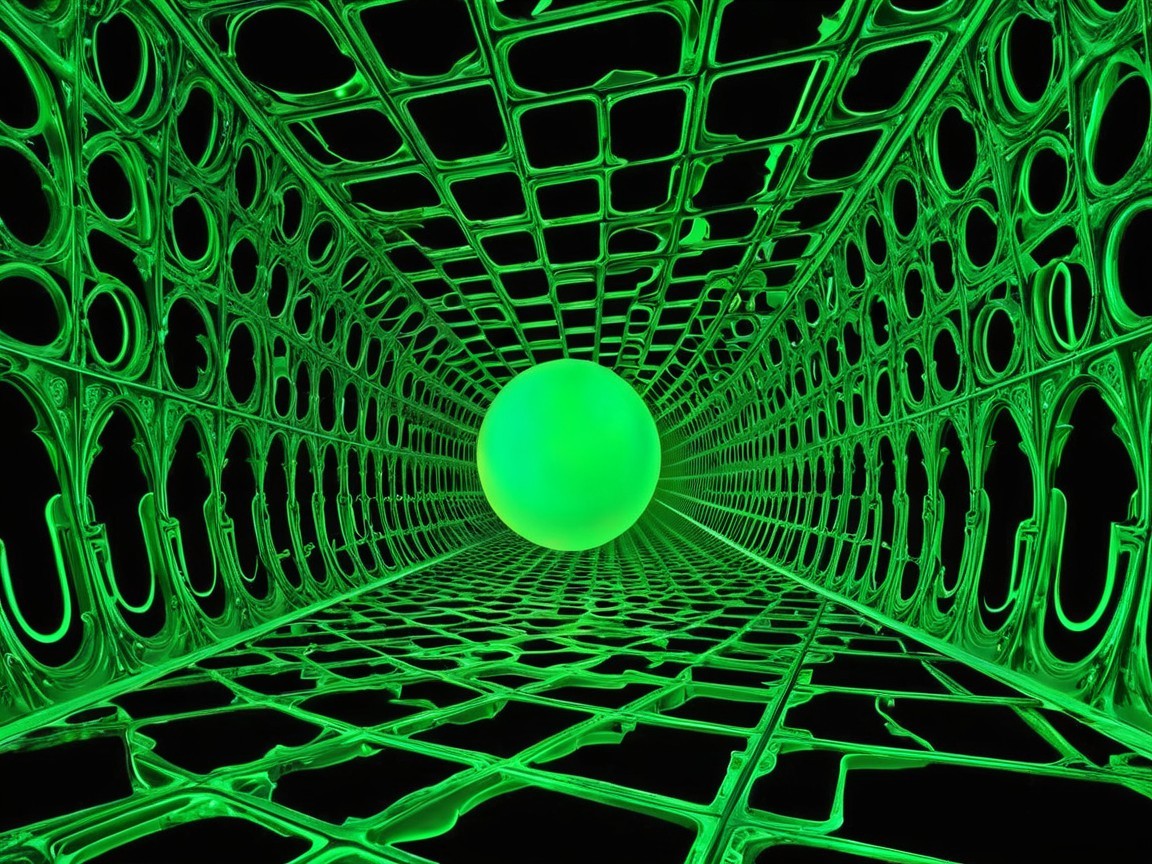 Green Geometric Tunnel with Glowing Sphere Center