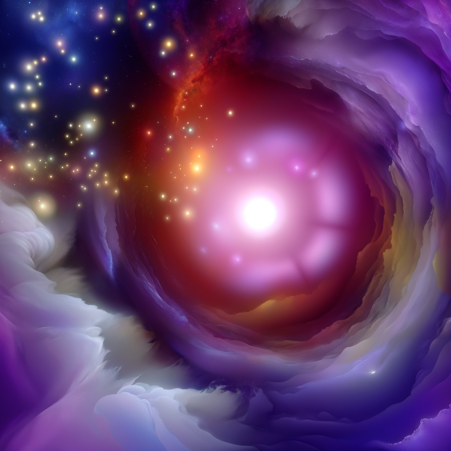 Vibrant Cosmic Scene with Swirling Clouds and Stars